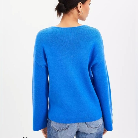 Loft Bright Isle Blue Button Cuff V-Neck Knit‎ Sweater Classic Pullovere - Picture 4 of 10